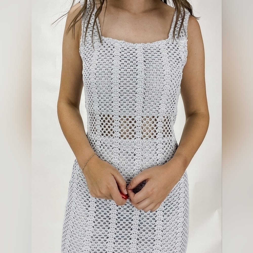LUCY Paris Mia Light Blue Open Knit Crochet Midi Dress Size Small - Picture 3 of 10
